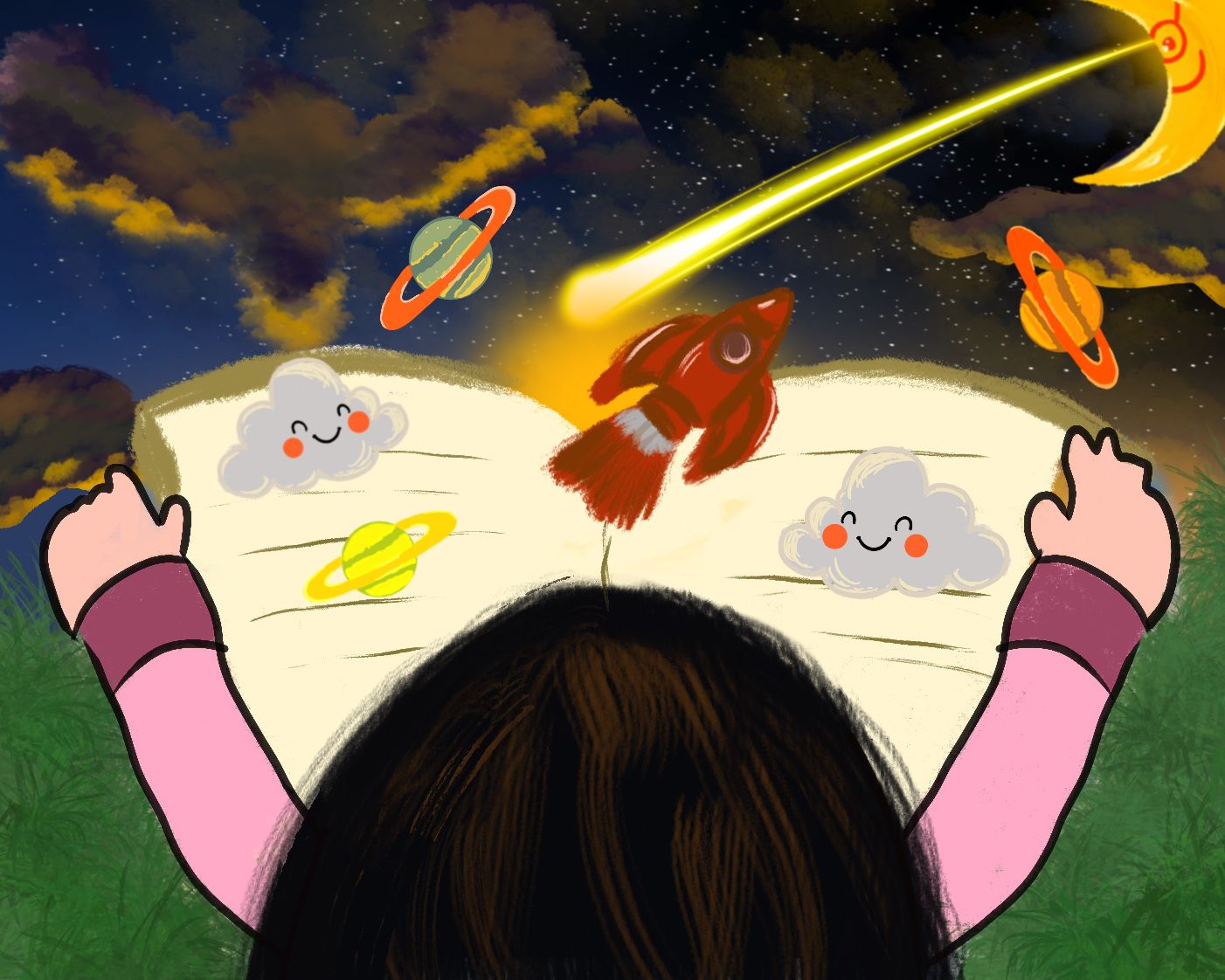 Open storybook hovering with planets and a rocket